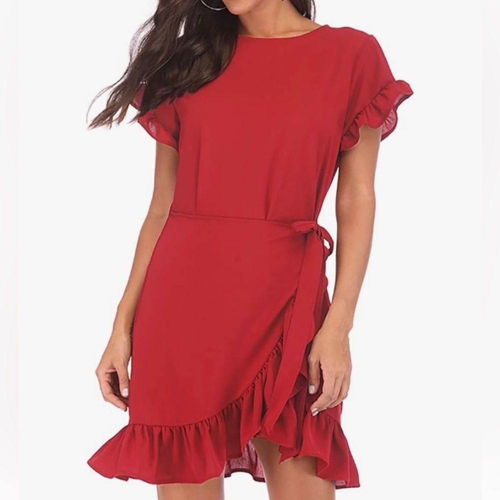 Weepinlee Women’s short Sleeve Ruffle Wrap Dress. Red. Size XL. EUC